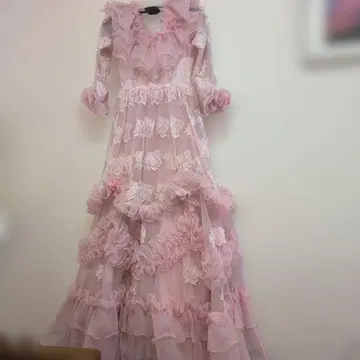 핑크 프릴 레이스 귀여운 컬러 드레스