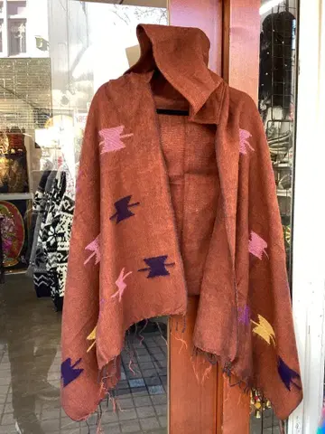 브라운 후드 부착 판초 케이프 코트