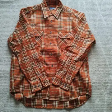 UNIQLO 네이비 택 오렌지 계열 체크 무늬 플란넬 셔츠 M