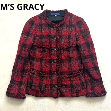 컨디션 최상 M'S GRACY 트위드 라메 노카라 프릴 자켓 레드