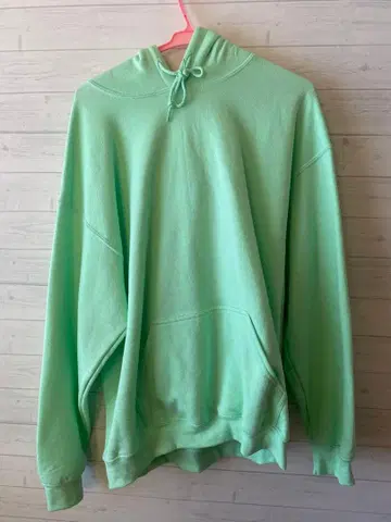 민트 그린 후드 부착 후드티 속기모
