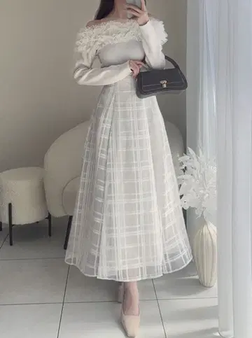 화이트 체크 플레어 스커트 롱