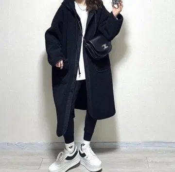 보아, 무스탕 라이크 맨투맨 후디 long 코트 블랙