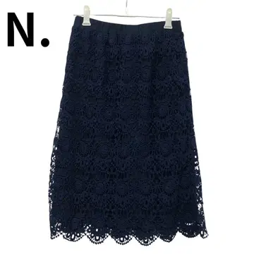 엔도트 네이비 꽃무늬 레이스 편직 미디 스커트 허리밴딩 안감 포함