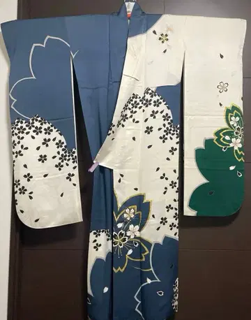 후리소데 금채 순수 실크 벚꽃 블루그린 톨 사이즈
