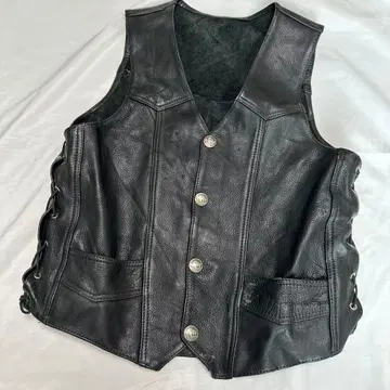 빈티지 L 가죽 천연 가죽 사이드 레이스업 블랙 가죽 베스트