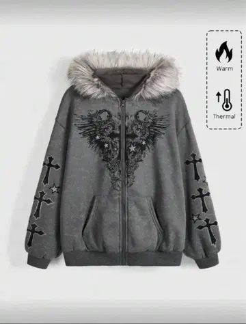 그레이 후드 부착 후드티 십자가 디자인