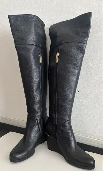 니하이 부츠 웨지솔 천연 가죽 블랙 22.5