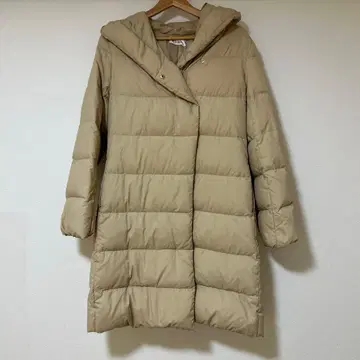 PLST 다운 코트 베이지 후드 부착 롱 기장