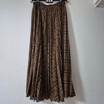 브라운 계열 체크 플리츠 롱 스커트