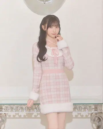 미셸마카롱 크로스 리본 체크 퍼 원피스 XS 사이즈