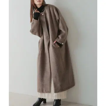 Bab 바브 샤기 펄 버튼 오버 실루엣 코트 브라운