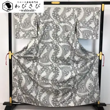 명주 기모노 국화꽃 무늬 구름쥐색 톨 사이즈 K-5634