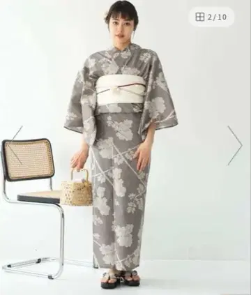 그레이 꽃무늬 유카타 오비 세트