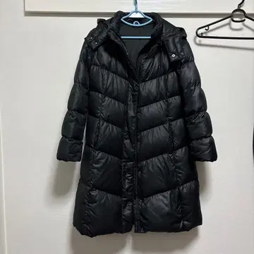 블랙 다운 자켓 후드 부착 롱 기장