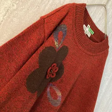 빈티지 니트 꽃 쇼와 레트로 걸리시 톤 다운 레드 벽돌