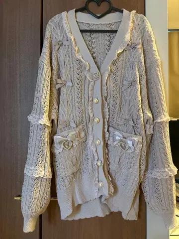 LIZLISA 리본 레이스 시스루 가디건 롱 핑크