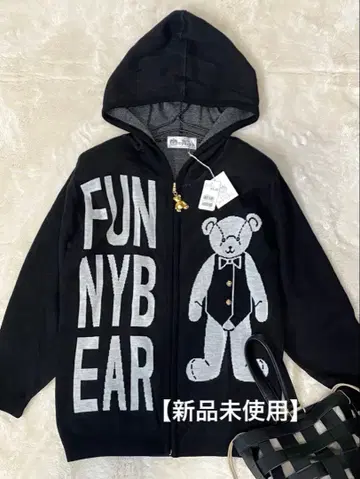 [택 포함 새상품] 화이트 이탈리아 테디베어 패턴 니트 후드티 금색 참