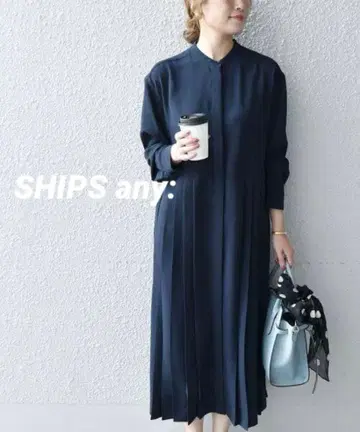 SHIPS any 워셔블 조젯 플리츠 롱 슬리브 원피스