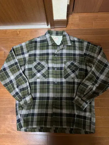 오픈 카라 울 셔츠 올리브 그린 체크 M