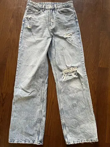 H&M 데미지 가공 와이드 레그 데님 팬츠 라이트 블루