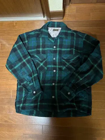 오픈 카라 울 셔츠 다크 그린 체크 M