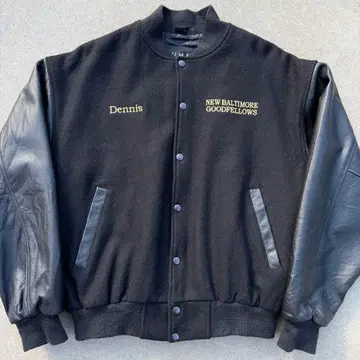 구제 의류 바시티 자켓 블랙 울 가죽 소매 금 자수 L