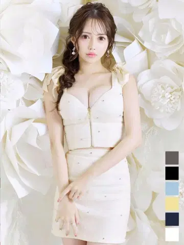 리본 숄더 비쥬 셋업 드레스 아이보리 xs