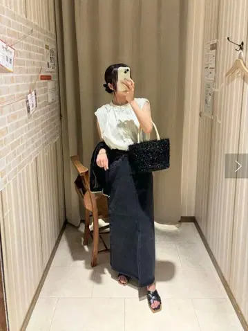 DISCOAT 데님 블랙 롱 스커트 슬릿