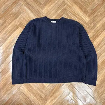 90s 화이트 택 에디 바우어 쇼트 크루넥 코튼 니트 네이비 컬러 리브