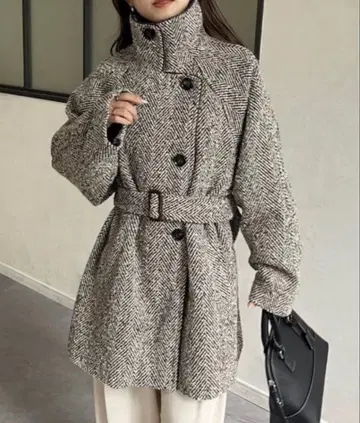 미사용 새상품 Thevon 트위드 파이핑 미들 코트 브라운 프리 사이즈