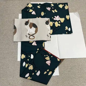 쿄 wakka 워셔블 기모노 짙은 녹색 이중 기모노 목련 패턴 코몬