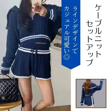 케이블 니트 셋업 네이비 하프 지퍼 숏팬츠