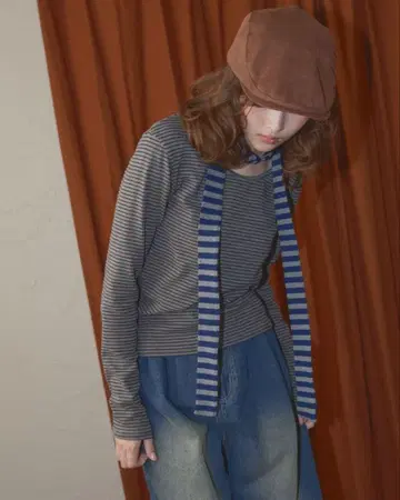 [ Unblend ] 슬림 머플러 세트 보더 롱 슬리브 T셔츠