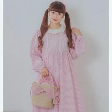 깅엄 체크 긴팔 원피스 핑크 시마미사 아오키 미사코 마론 크림