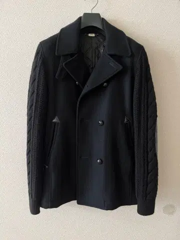 론 헤르만 남성용 더블 피코트 블랙 엘보 패치 소매 니트 코트