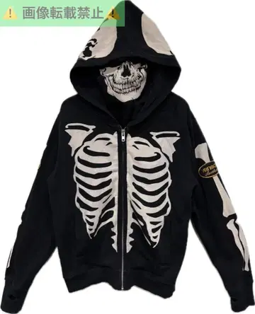 *VANSON 하이넥 손가락 구멍 뼈 본 프린트 지퍼 후드티 L