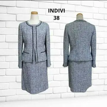 컨디션 최상 INDIVI 셋업 38 트위드 화이트 블랙 노카라