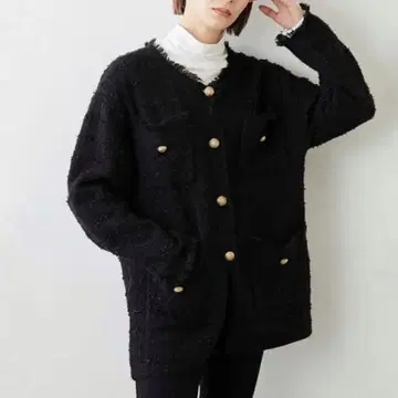 새상품급 Whim Gazette 트위드 노카라 자켓 골드 버튼 니트