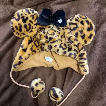 레오파드 무늬 미키형 퍼 캡