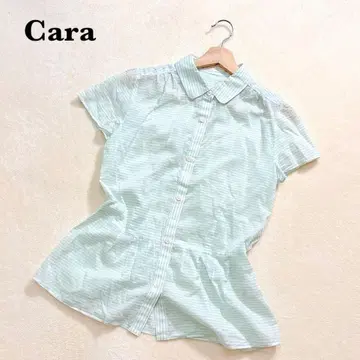 카라 보더 반팔 셔츠 M 라메 라인 민트 그린 계열 면 혼방