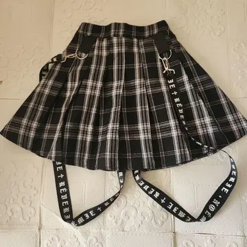 NOEMIE 미사용 블랙 화이트 체크 플리츠 스커트 S 노에미 스트랩