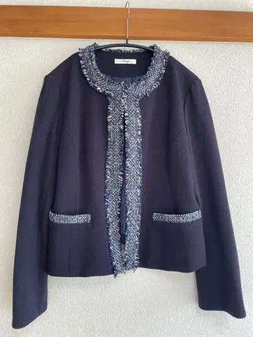 노카라 자켓 프린지 장식 네이비