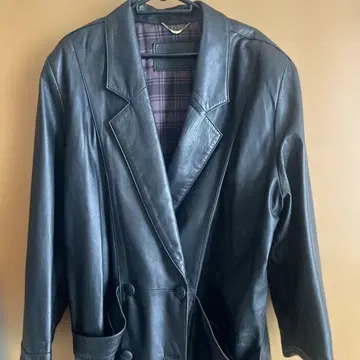 블랙 가죽 더블 브레스트 자켓