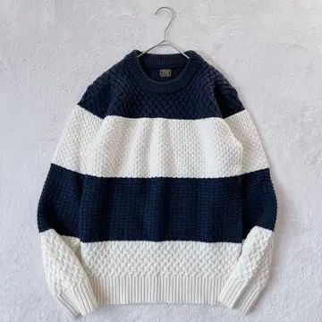 에드윈 | 남성용 아란 니트 스웨터 [ S ] 크루넥 보더 세탁 가능