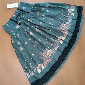 택 포함 미사용 엑시즈팜 기구 프린트 플레어 스커트 그린