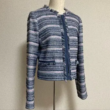 고급 엠프리미어 BLACK 트위드 노카라 자켓 네이비 36