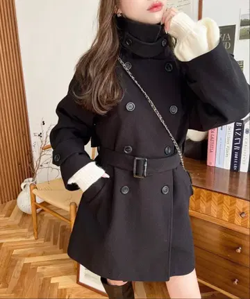 moment+ 니트 멜톤 2WAY 어레인지 칼라 미들 기장 트렌치코트 M