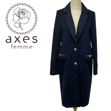 axes femme 네이비 롱 코트 레이스 비쥬 걸리시 버튼