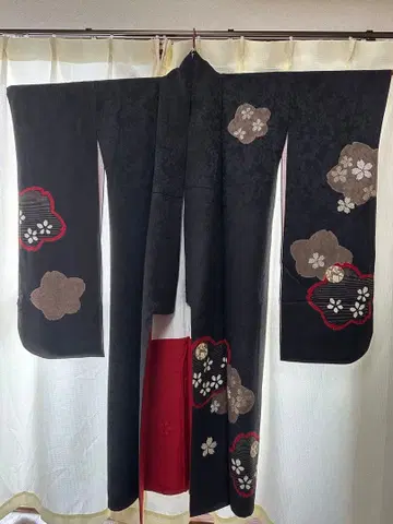 꽃무늬 염색 원단 패턴 거의 블랙 후리소데 오비 성인식